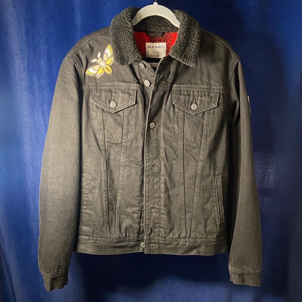 Old Navy Black Jean Jacket with sewn on patches Embroidery